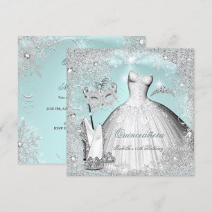 Maskerade Quinceanera Minze Blau Silber Schneefloc Einladung