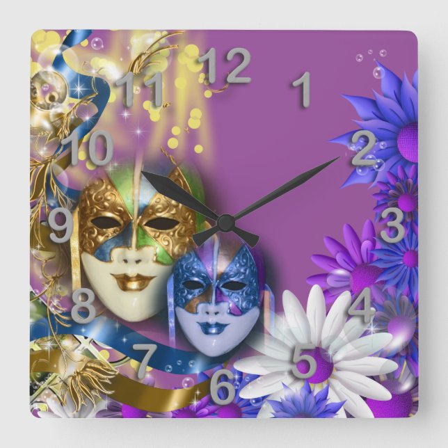 Maskerade quinceanera venezianische Masken Quadratische Wanduhr (Vorderseite)