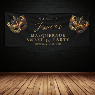 Maskerade Schwarz Gold Sweet 16 Geburtstags Begrüß Banner