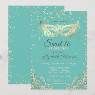 Maskerade, Spitze, Diamanten Mintgrün Sweet 16 Einladung