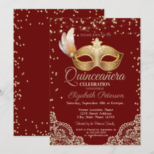 Maskerade, Spitze, Diamanten Rote Quinceañera Einladung