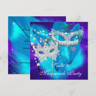 Maskerade Sweet 16 Lila Türkis Blau Maske Einladung