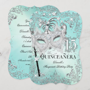 Maskerade Türkis Silber Quinceanera Geburtstagsein Einladung