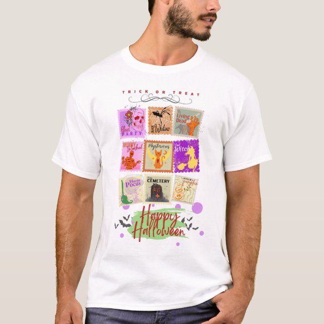 Maskierte Halloween-Briefmarke-Sammlungen mit Text T-Shirt (Vorderseite)