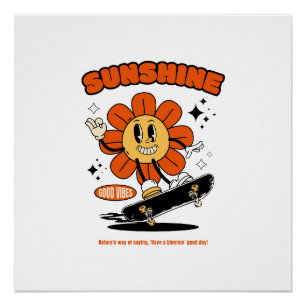 Maskottchen-Sonnenblume mit Skateboard Poster