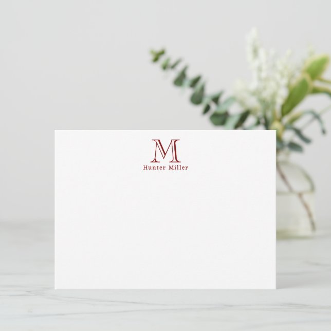 Maskuline Red Initial Monogram und Name Flat Note (Stehend Vorderseite)