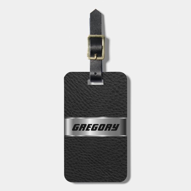 Maskuline Schwarze Imitate Leder & Silver Look 3 Gepäckanhänger (Vorderseite vertikal)