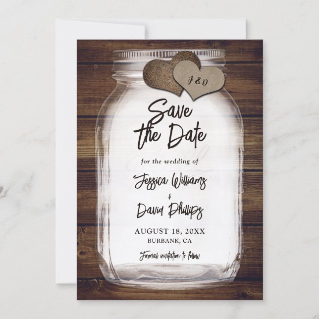 Mason-Glas-Jute-Herzen-Monogramm-Hochzeit Save The Date (Vorderseite)