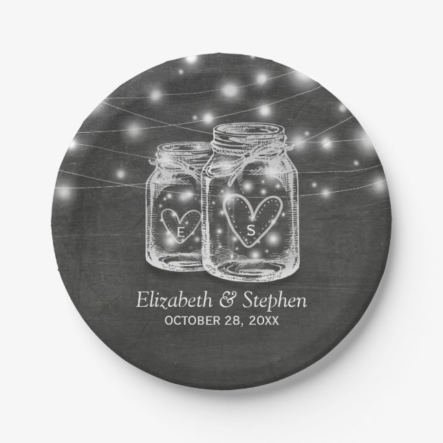 Mason-Glas-String-Lichter-Schiefertafel-Hochzeitsd Pappteller (Vorderseite)