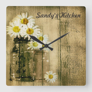 Mason Jar and Daisies Personalized Kitchen Clock Quadratische Wanduhr