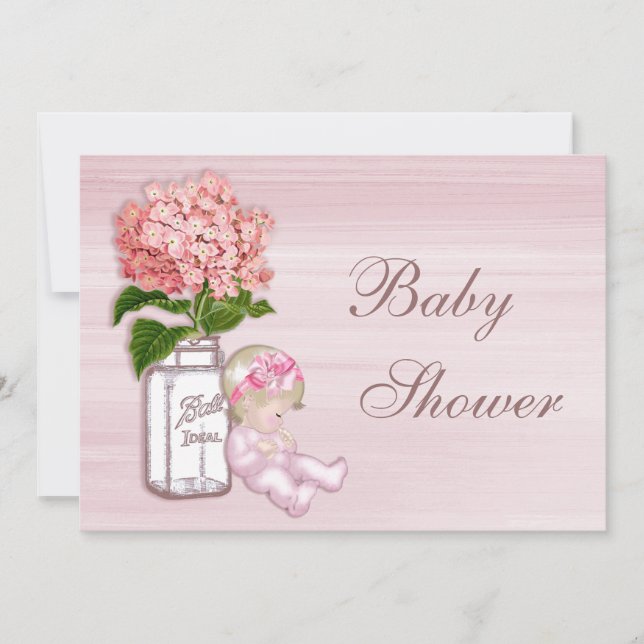 Mason Jar, Baby Girl, Pink Hydrangea Babydusche Einladung (Vorderseite)