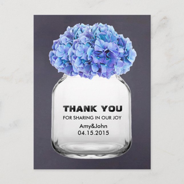 Mason jar blauen Hydrangea Dankeschön zur Kenntnis Postkarte (Vorderseite)