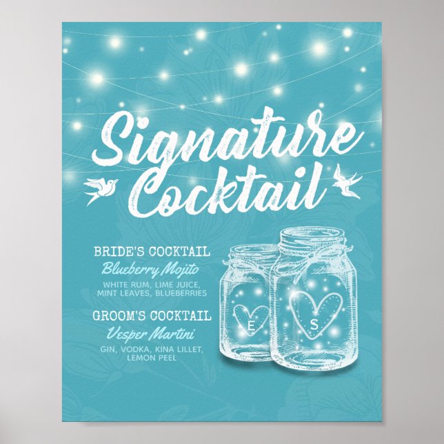 Mason Jar Blue Floral Wedding Signature Drink Menü Poster (Vorne)