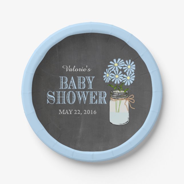 Mason Jar Blue Flowers Halbpension Baby Dusche Pappteller (Vorderseite)