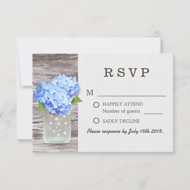 Mason Jar Blue Hydrangea Barn Wood Wedding RSVP Karte (Vorderseite)