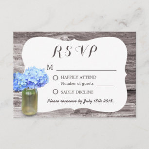 Mason Jar Blue Hydrangea Wood Wedding RSVP Karte