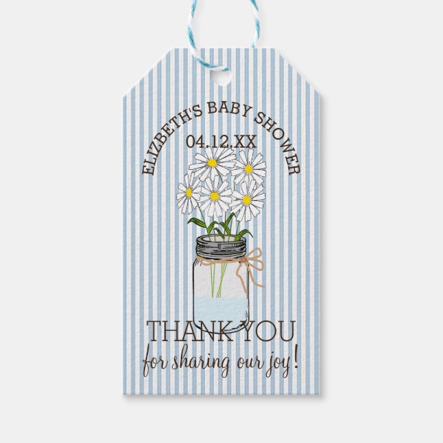 Mason Jar Blue Stripes Baby Dusche Vielen Dank Geschenkanhänger (Vorderseite)