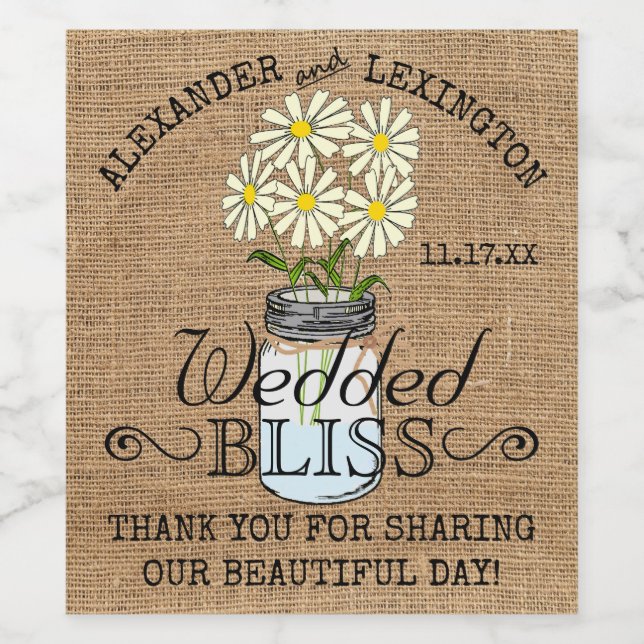 Mason Jar Blume Burlap Rustic Country Wedding Weinetikett (Einzelnes Label)