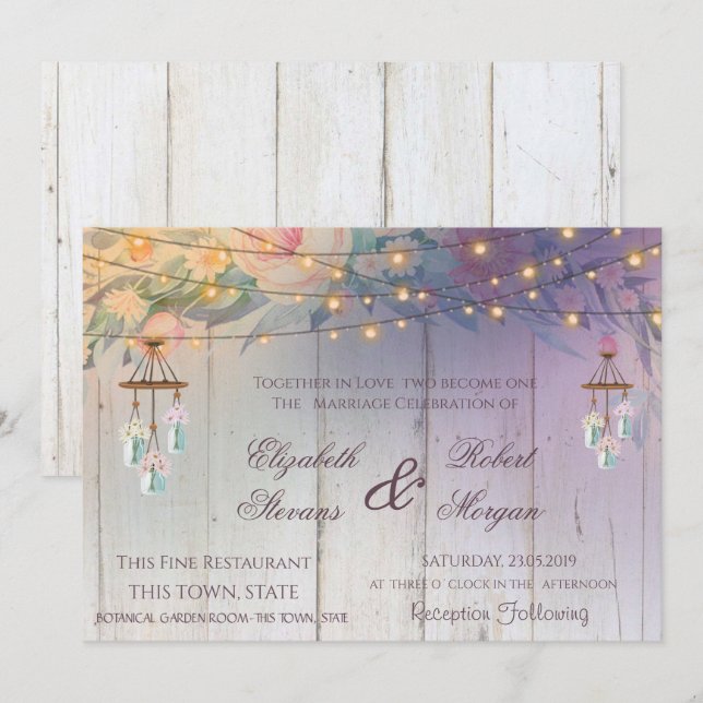 Mason Jar, Blume, Einladung zur Holzhochzeit (Vorne/Hinten)