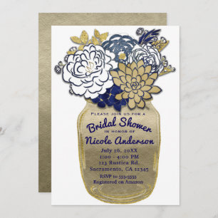 Mason Jar Blume Rustic Blue Gold Floral Bridal Einladung
