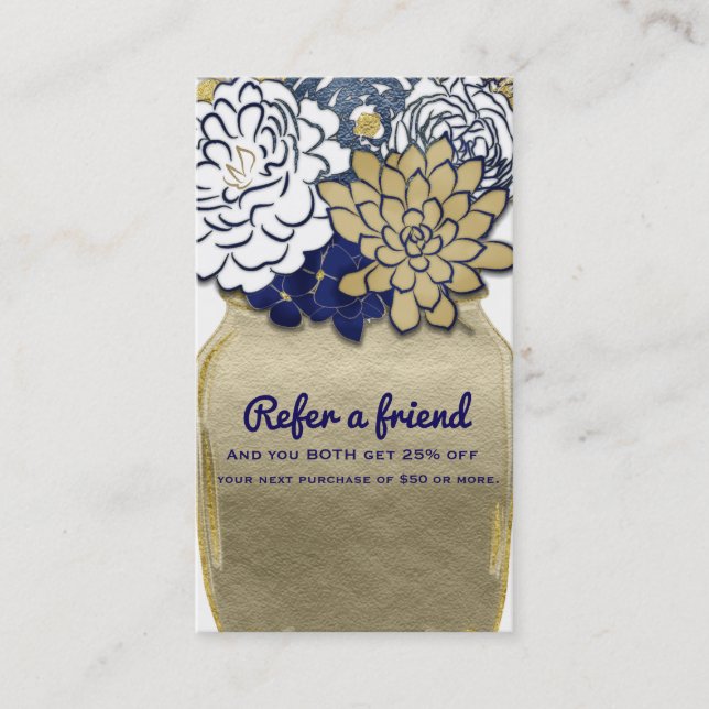 Mason Jar Blume Rustic Gold Blue Reader a Friend Empfehlungskarte (Vorderseite)