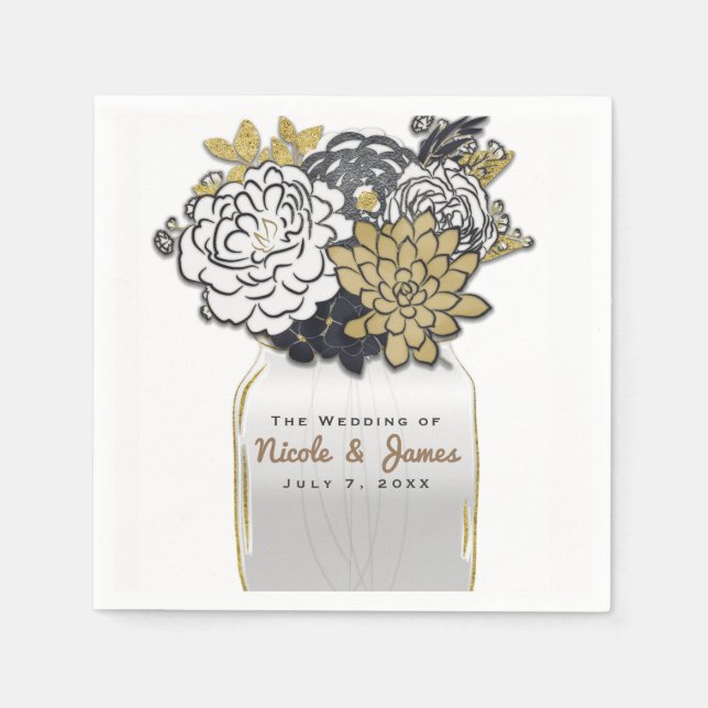 Mason Jar Blume Rustic Grau Gold Floral Serviette (Vorderseite)