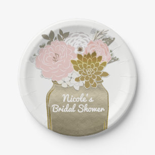 Mason Jar Blume Rustikales Blumenrosa und Goldene Pappteller