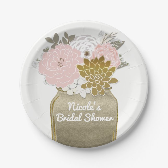 Mason Jar Blume Rustikales Blumenrosa und Goldene  Pappteller (Vorderseite)