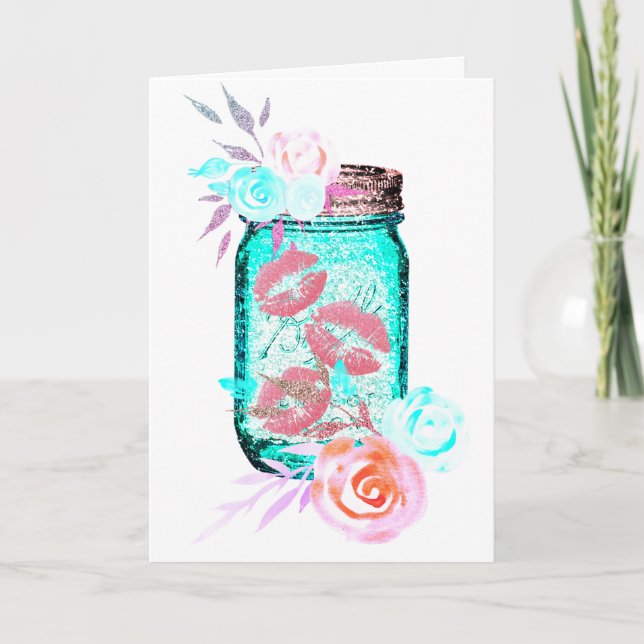 Mason jar Blume Schmetterling Kuss niedliche rosa  Karte (Vorderseite)