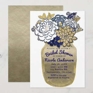 Mason Jar Blumen Rustikale Blaue Goldene Florale H Einladung