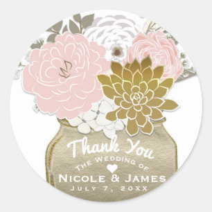 Mason Jar Blumen Rustikale Blumen Pink und Gold Ch Runder Aufkleber