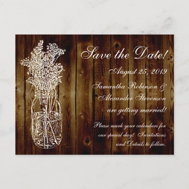 Mason Jar Briefmarke/Dunkles Holz Save the Date Ankündigungspostkarte (Vorderseite)
