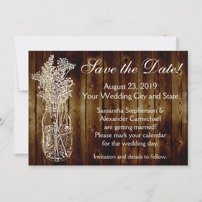 Mason Jar Briefmarke Dunkles Wood-Look Save the Da Save The Date (Vorderseite)