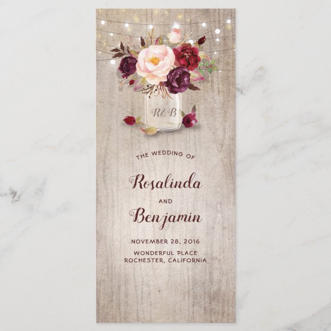 Mason Jar Burgundy Blume Rustikale Hochzeitsprogra Programm (Vorderseite)