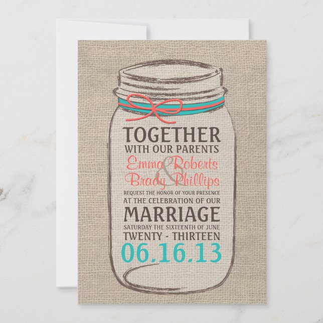 Mason Jar Burlap Rustic Wedding Einladung (Vorderseite)