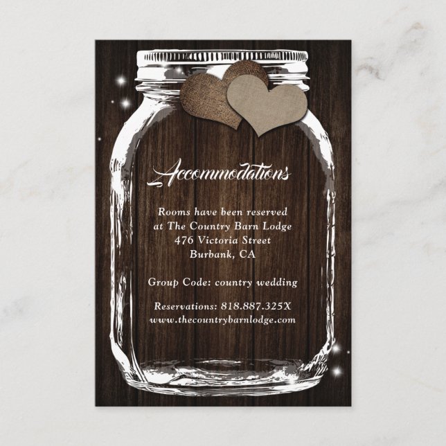 Mason Jar Burlap Rustic Wood Accommodation Cards Begleitkarte (Vorderseite)
