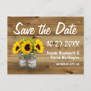 Mason Jar Burlap Sonnenblumen Hochzeit retten das Ankündigungspostkarte