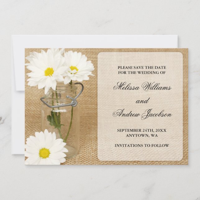 Mason Jar Burlap White Daisies Save the Date (Vorderseite)