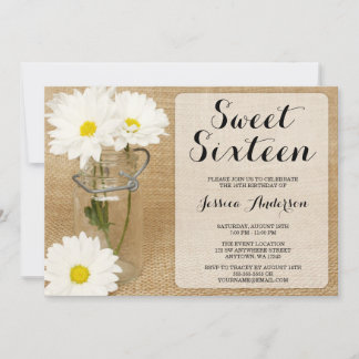 Mason Jar Burlap White Daisies Sweet 16 Einladung