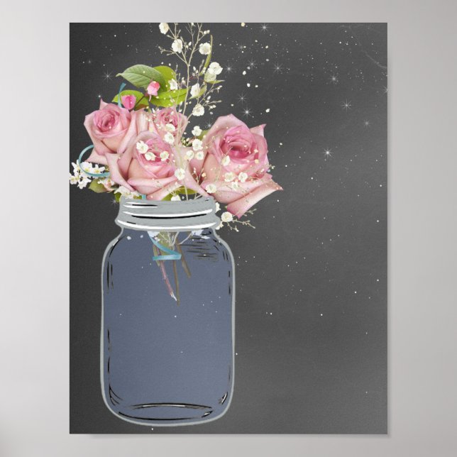 Mason Jar Chalkboard, rosa Rosen, kundenspezifisch Poster (Vorne)