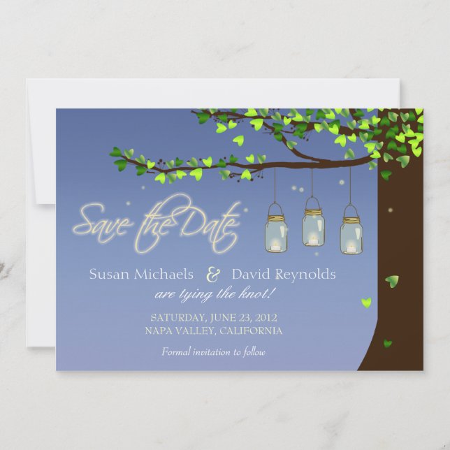Mason Jar Fireflies Oak Tree Save the Date (Vorderseite)