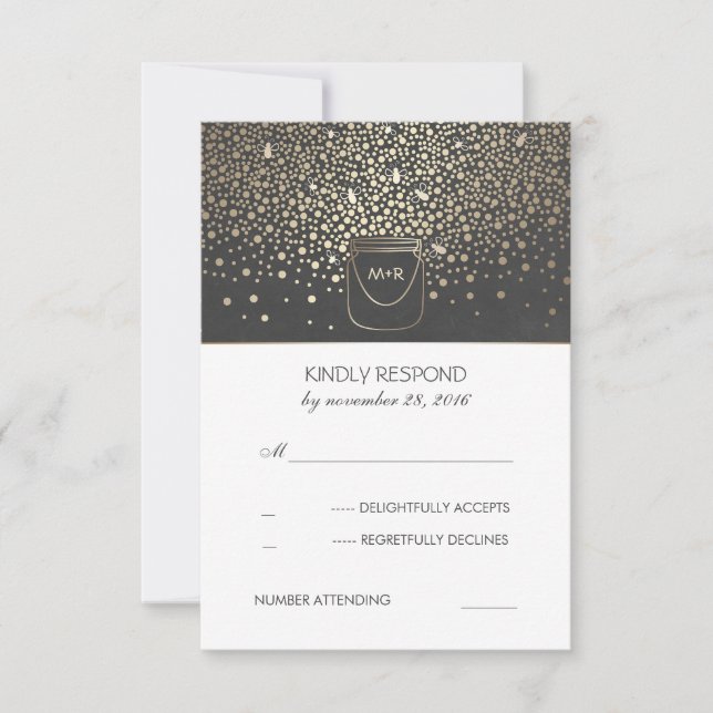 Mason Jar Fireflies Rustic Wedding RSVP Karte (Vorderseite)
