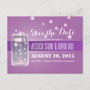 Mason Jar & Fireflies Save the Date Lila Ankündigungspostkarte
