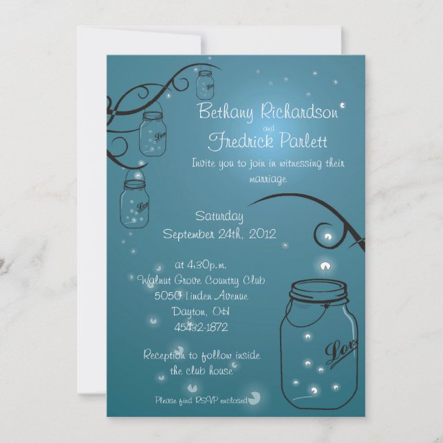 Mason Jar Firefly Hochzeit Einladung Blau Aquamari (Vorderseite)