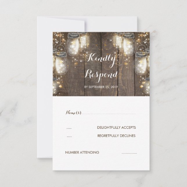 Mason Jar Firefly Lights Rustic Wedding RSVP Karte (Vorderseite)