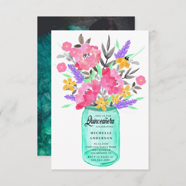 Mason Jar Floral Bouquet Quinceanera Fotokarte Einladung (Vorne/Hinten)