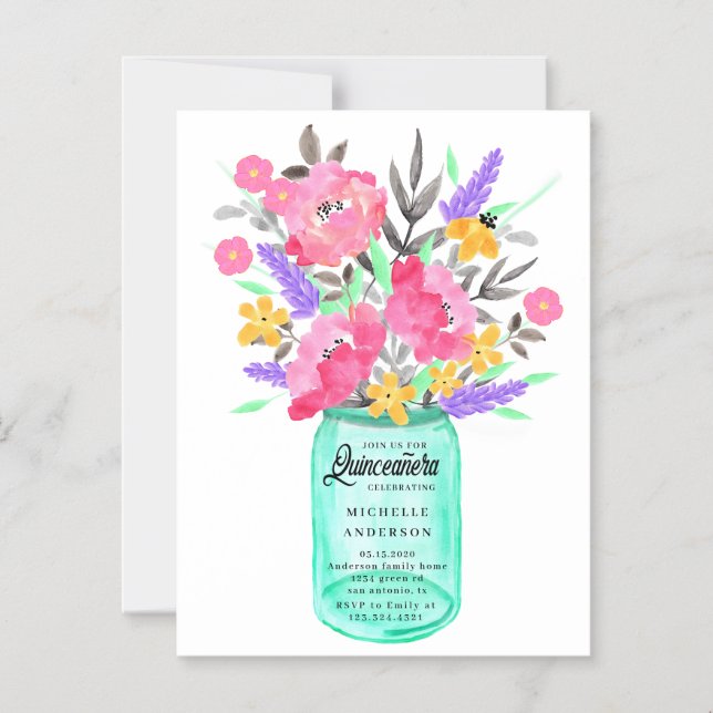Mason Jar Floral Bouquet Quinceanera Magnetkarte Magneteinladung (Vorderseite)