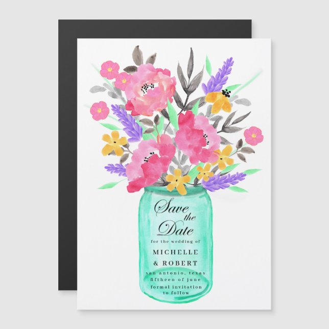 Mason Jar Floral Bouquet Save the Date Magneteinladung (Vorne/Hinten)