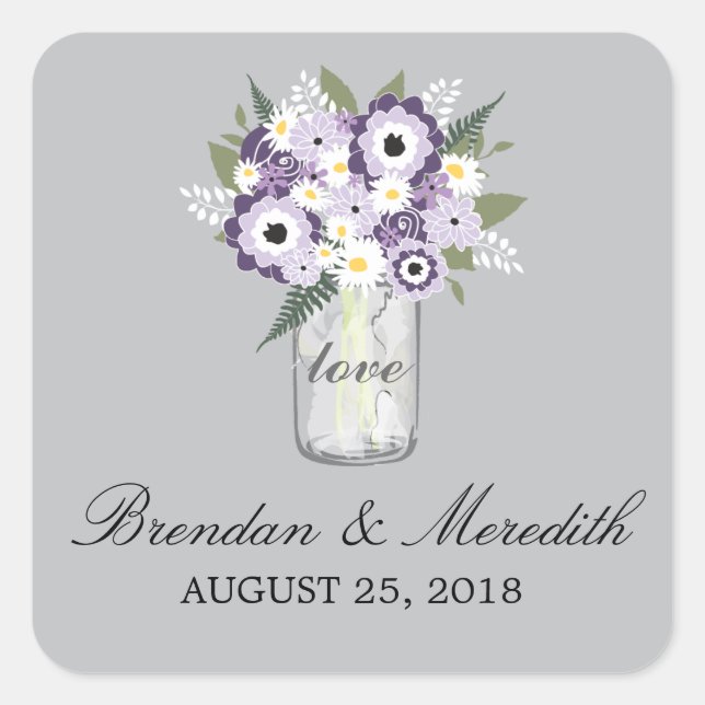 Mason Jar Floral Wedding Quadratischer Aufkleber (Vorderseite)