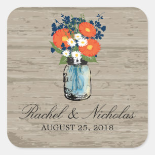 Mason Jar Floral Wedding Quadratischer Aufkleber